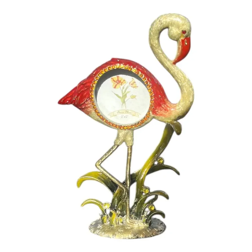 1990s Pink Flamingo Photo Frame Souvenir Tabletop, Rhinestone Metal Enamel Bird